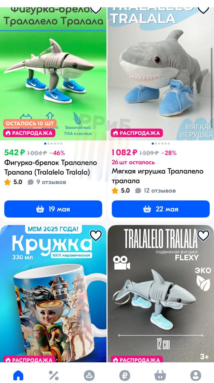 Россияне бросились скупать брейнрот-игрушки на Ozon и Wildberries. Самый высокий спрос отмечен на ИИ-мемы с Бомбардиро Крокодило и Тралалело Тралала. Самым непопулярным оказался Шампанзини Бананинни. По данным Mpstats, в апреле выручка продавцов товаров с этими мемами на WB составила 15,3 млн рублей — это в 100 раз больше по сравнению с мартом. Продажи таких товаров на Ozon в марте составляли 13 465 рублей, а в апреле уже 1,5 млн.