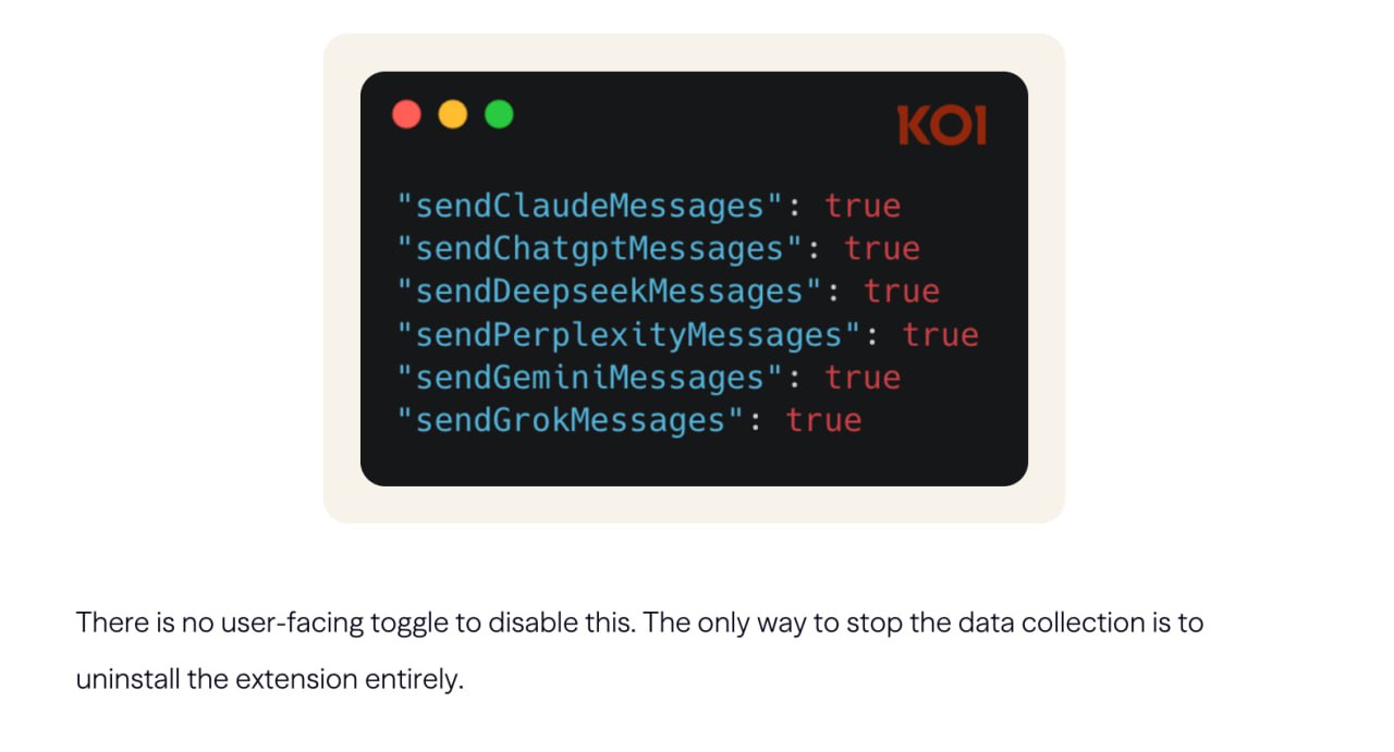 Бесплатные VPN расширения для Chrome и Edge тайно собирали переписки пользователей с чат ботами включая ChatGPT Claude DeepSeek и Perplexity В коде плагинов был скрытый скрипт для перехвата трафика они вытаскивали промты ответы ботов и метаданные чатов Это могло зацепить более 8 млн пользователей Список опасных расширений Urban VPN Proxy 1ClickVPN Proxy Urban Browser Guard Urban Ad Blocker Отключить сбор информации нельзя поможет только удаление плагина