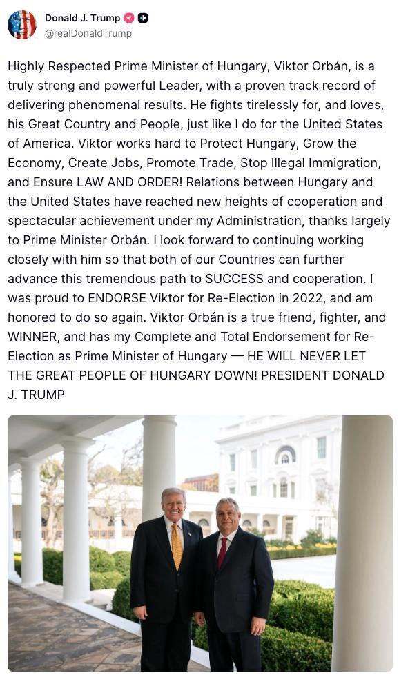 Трамп выразил полную поддержку Орбану на предстоящих парламентских выборах Я был горд поддержать кандидатуру Виктора на переизбрание в 2022 году и для меня большая честь сделать это снова Виктор Орбан настоящий друг боец и победитель и я полностью поддерживаю его переизбрание на пост премьер министра Венгрии Подпишись RogandarNEWs мы в MAX