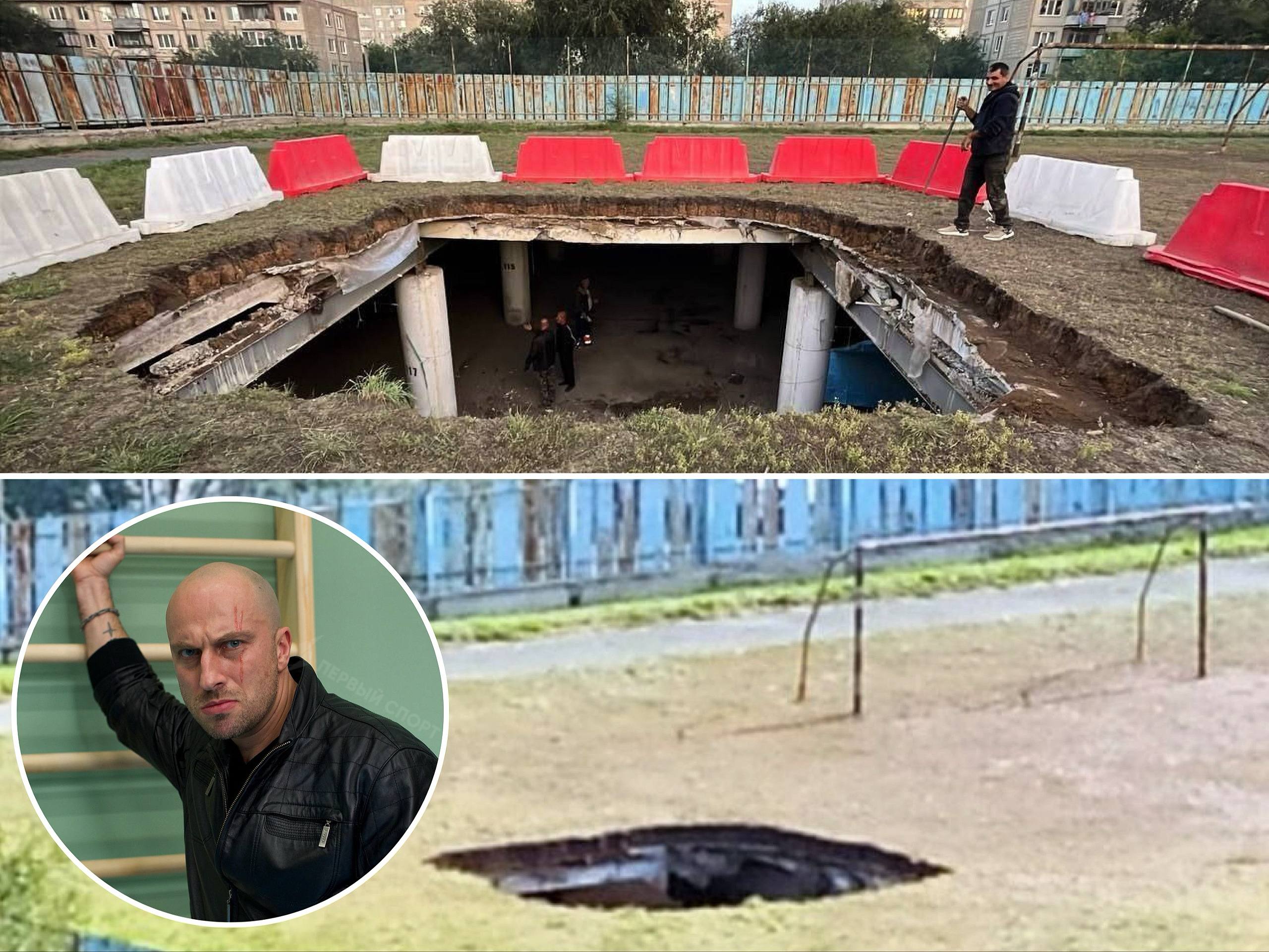 В Орске футбольное поле школьного стадиона провалилось в подземную парковку огромная дыра образовалась на фланге поля в Оренбургской области где школьники обычно занимались физкультурой По данным Sport Baza паркинг куда провалилось поле принадлежал бывшему физруку школы у него в автопарке есть гелик как у героя Нагиева в сериале Физрук