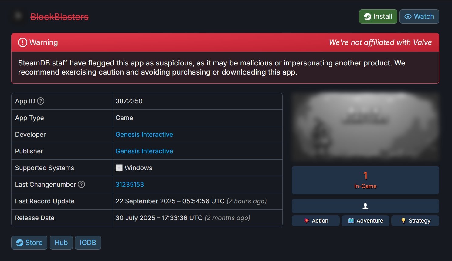 Valve удалила из Steam игру BlockBlasters в которой обнаружили вредоносное ПО По данным SteamDB в файлах игры скрывался софт для кражи данных с компьютеров пользователей включая криптовалюту Проект пробыл в магазине чуть больше месяца а его пиковый онлайн составил всего 8 человек Похожая ситуация уже возникала в феврале тогда другая игра содержала вирус Trojan Win32 Lazzzy gen который похищал cookie из браузера пытался получить доступ к почтовым сервисам и соцсетям а затем пересылал данные злоумышленникам