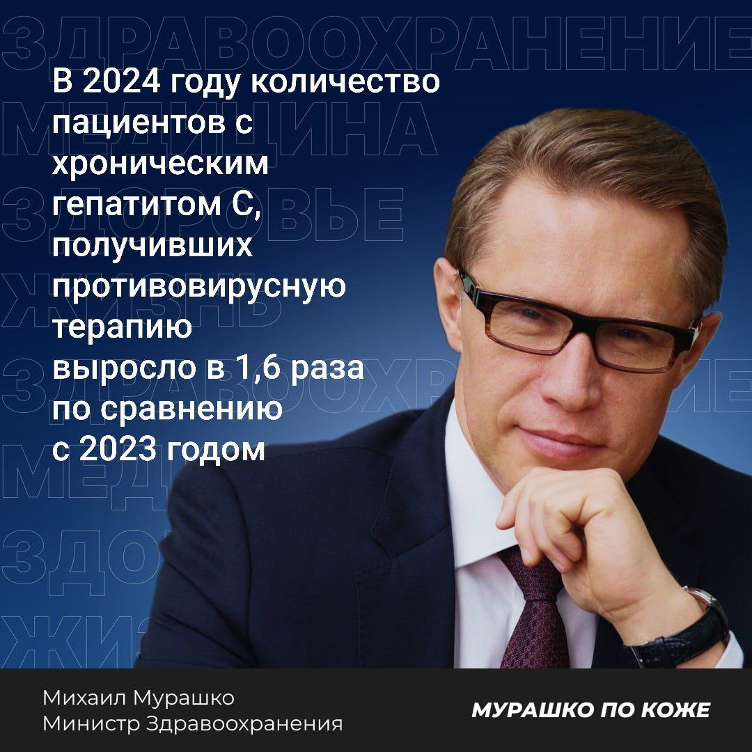 Михаил Мурашко: В 2024 году количество пациентов с хроническим гепатитом С, получивших противовирусную терапию выросло в 1,6 раза по сравнению с 2023 годом При этом объем финансирования оказания медицинской помощи в дневном стационаре этой категории пациентов в рамках ОМС в текущем году вырос в 2 раза относительно 2024 года и составит более 11 млрд руб, — рассказал он. Министр отметил, что программой госгарантий предусмотрено дальнейшее увеличение финансирования, а значит и доступность лечения будет расти. По инициативе Минздрава лекарственное обеспечение детей с вирусным гепатитом С организовано по линии президентского фонда «Круг добра». Таким образом, все дети с этим заболеванием, кому показана противовирусная терапия, в полной мере и бесплатно обеспечиваются современными препаратами, что позволяет маленьким пациентам полностью излечиться и войти во взрослую жизнь здоровыми. Также министр отметил, что в этом году в рамках нацпроекта «Продолжительная и активная жизнь» стартовал федеральный проект «Борьба с гепатитом С и минимизация рисков распространения данного заболевания». К концу 2030 года мы ставим цель на 15% снизить заболеваемость хроническим вирусным гепатитом С и смертность от него на 20%, что обеспечит сохранение более, чем 90 тысяч жизней, — заявил он.