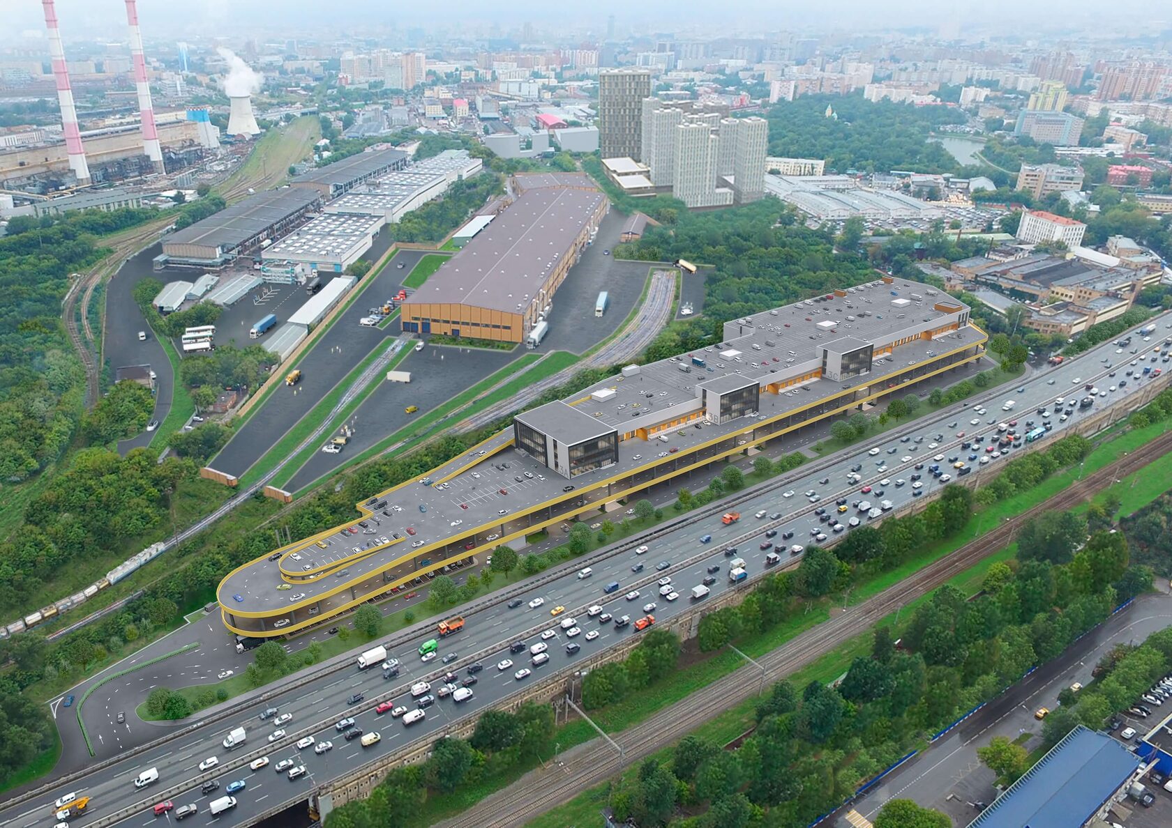 На месте Таганского мясоперерабатывающего комбината построят производственно логистический парк Это будет четырехэтажный light industrial комплекс площадью 104 050 м² Здание объединит производственные зоны предприятия легкой промышленности и офисные пространства Первые два этажа будут оборудованы разгрузочной платформой и широкими автомобильными рампами для удобства доступа На крыше предусмотрены парковки для автомобилей на разных уровнях Проект реализует компания Development Group известная своими проектами Зеленопарк в Зеленограде и Леденцово в Одинцово stroi news