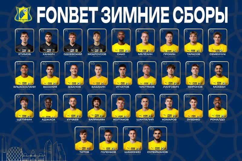 ФК Ростов объявил состав команды которая отправилась на зимние сборы в ОАЭ  Футболисты уже включены в тренировочный процесс с 11 января Об этом сообщили в пресс службе донского клуба Жёлто синие сыграют с командами Чэнду Жунчэн Родина и ЦСКА Эти сборы продлятся до 22 февраля Футболисты основного состава а также несколько игроков молодёжного состава которых не было в заявке ранее будут участвовать в сборах Среди них вратарь Сергей Мокроусов нападающий Денис Титов защитники Давид Семенчук и Александр Тарасов Фото пресс служба ФК Ростов ДОН 24 МАХ
