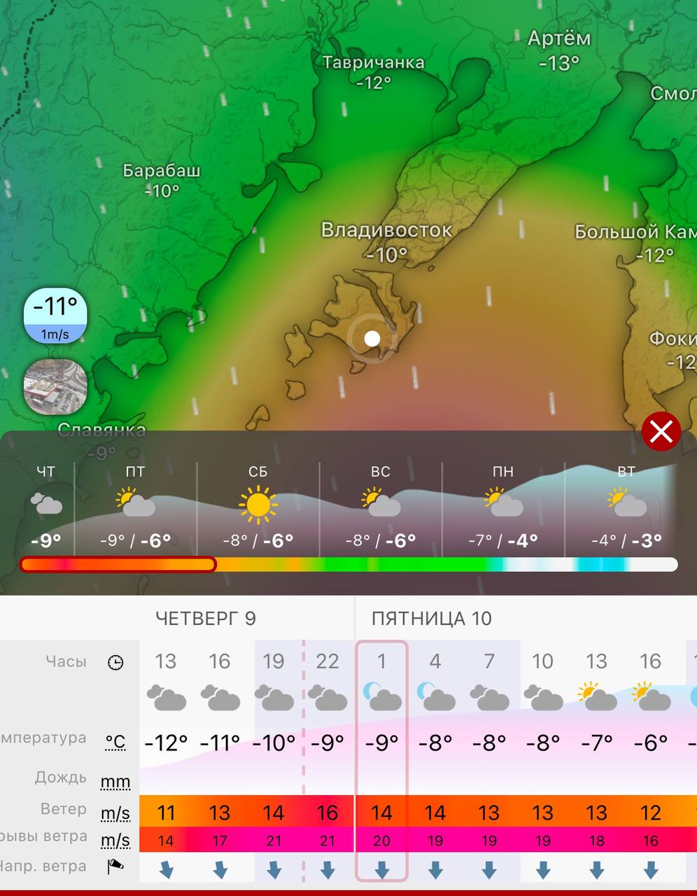 Завтра, в пятницу, мороз во Владивостоке начнет ослабевать, но ветер станет еще сильнее. МЧС сообщает о ветре до 26 м/с, программа Windy до 22 м/с  Отметим, сегодняшний день оказался самым холодным с начала этой зимы.