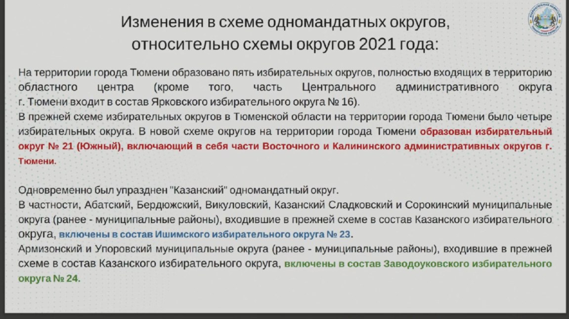 Депутаты Тюменской областной Думы единогласно приняли новую схему одномандатных избирательных округов на выборы следующего состава регионального заксобрания Схема округов для избрания депутатов от ХМАО не претерпела изменений В ЯНАО округ 3 будет переименован в Ноябрьский и пополнится пос Ханымей в настоящее время территория округа 4 Наиболее серьезные изменения претерпят избирательные округа юга тюменской матрешки Так одномандатных округов в областной столице станет 5 18 22 часть заречной территории Тюмени также входит в округ 16 Упразднен Казанский округ муниципалитеты из его состава войдут в Ишимский избирательный округ Изменения не коснутся только округа 15 Тобольский Заместитель председателя регионального избиркома Андрей Николаев пояснил что новая схема одномандатных округов необходима для обеспечения представительства избирателей связанного с миграционными процессами увеличением численности избирателей в Тюмени и сокращением их количества в других муниципалитетах