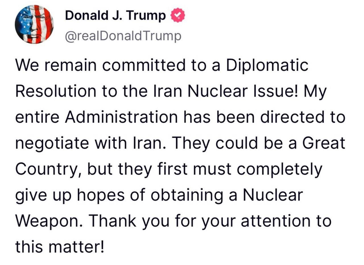 Трамп - призвал Иран отказаться от разработки ядерного оружия: Мы по-прежнему привержены дипломатическому решению иранской ядерной проблемы! Вся моя администрация получила указание вести переговоры с Ираном. Они могут быть великой страной, но сначала они должны полностью отказаться от надежд на получение ядерного оружия. Спасибо вам за ваше внимание к этому вопросу!