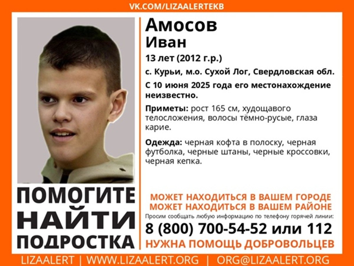 Родители, волонтеры и полиция ищут пропавшего в селе Курьи в Сухом Логу Свердловской области 13-летнего подростка. Иван Амосов может находиться как в своём районе, так и в другом городе. Всех, кто что-либо знает о местонахождении мальчика, просят сообщить информацию по телефонам инфоргов поискового отряда «Лиза Алерт»: +7 953 053-04-83 — Екатерина »Феникс» , +7 922 214-45-27 — Юлия «ЮЮ» либо по номерам: 112, 8 800 700-54-52 «Уральский меридиан»