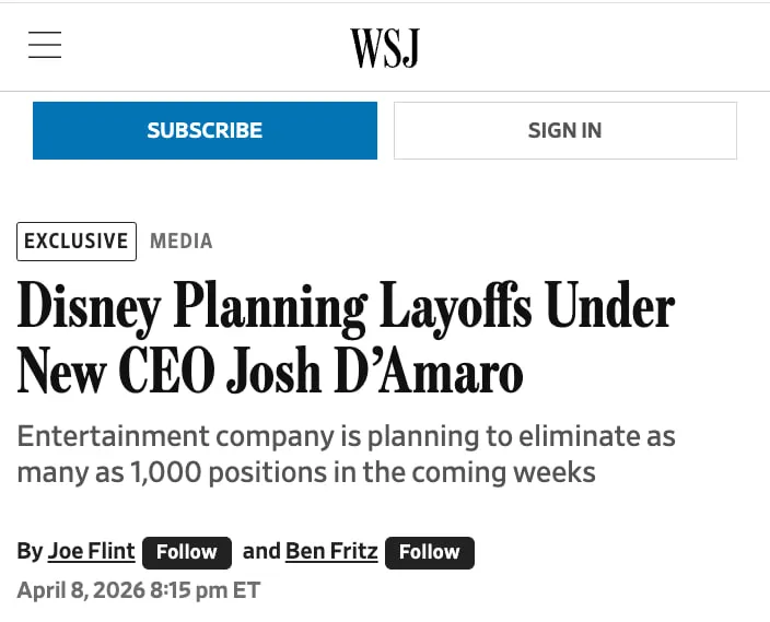 Disney готовится уволить около тысячи сотрудников WSJ Сокращения станут одним из первых шагов нового главного исполнительного директора Джоша Д Амаро утверждает издание Большая часть увольнений придется на отдел маркетинга Утверждается что план сокращений появился ещё до того как Д Амаро вступил в должность Так Disney пытается справиться со снижением прибыли от трансляций а также падением кассовых сборов Всего на конец прошлого года в компании работала 231 тысяча человек Вчера стало известно что сокращения также планируются в Sony Pictures Компания уволит сотни сотрудников в своих подразделениях по всему миру Задонатить через бота Patreon