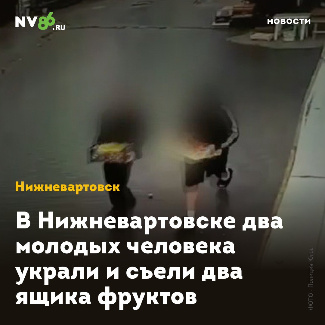 В Нижневартовске два молодых человека украли и съели два ящика фруктов В Нижневартовске ХМАО задержали любителей фруктов, обокравших торговую палатку. Два молодых человека проникли в палатку и съели украденные фрукты. Полиция задержала двоих молодых людей 2005 и 2007 годов рождения, подозреваемых в краже фруктов из торговой палатки. Инцидент сняли камеры видеонаблюдения. На записи видно, как воришки проникают в палатку и выносят оттуда два ящика фруктов. «Установлено, что злоумышленники проникли в палатку, повредив полотно, и похитили два ящика фруктов, которые впоследствии употребили в пищу», - сообщили в полиции Югры. Возбуждено уголовное дело по статье 158 УК РФ кража, совершенная группой лиц по предварительному сговору . В отношении подозреваемых избрана мера пресечения в виде подписки о невыезде. Санкция статьи предусматривает штраф до двухсот тысяч рублей либо лишение свободы на срок до пяти лет. • vk.com/nv86ru • ok.ru/nv86.ru