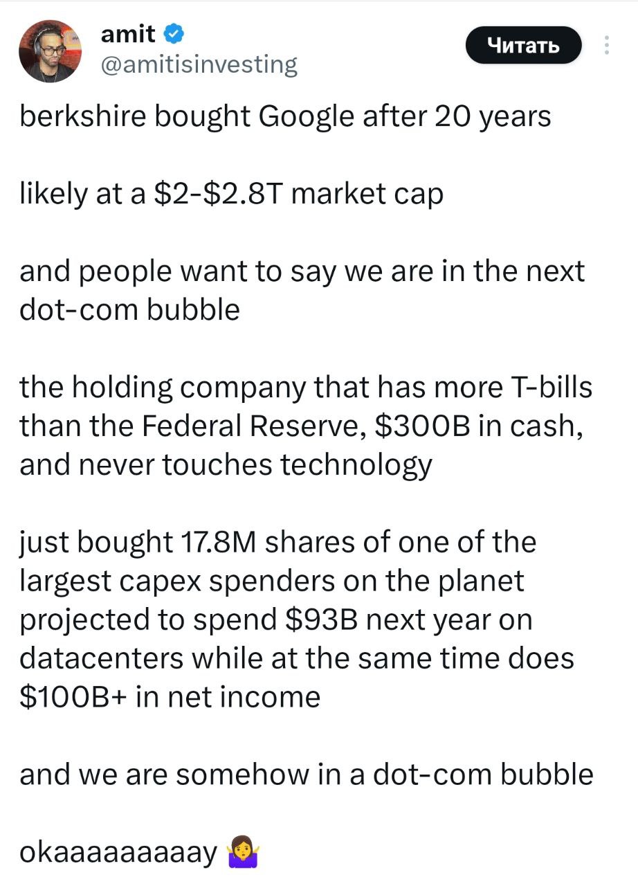 Компания Баффета впервые за 20 лет купила акции Google почти 18 млн штук Для Berkshire которая десятилетиями обходила технокорпорации стороной и предпочитала пищевые и страховые компании вместе с государственными бумагами это довольно редкий жест в сторону бигтеха В Твиттере уже разгоняют что раз даже Баффет покупает акции Google то ИИ пузыря можно не бояться Огромная компания которая сидит на 300 млрд кэша не стала бы покупать рисковые активы А Google в следующем году хочет залить 93 млрд только в дата центры и при этом делает 100 млрд чистой прибыли Но важно понимать масштаб покупка занимает меньше 2 портфеля Berkshire Баффет ставит не на весь рынок а только на Google Потому что это одна из немногих компаний у которой есть и реальные фундаментальные бизнесы поиск YouTube облако Android Waymo и собственный стек технологий включая свои чипы Короче я думаю что это лишь ставка на сильного игрока Но решать вам