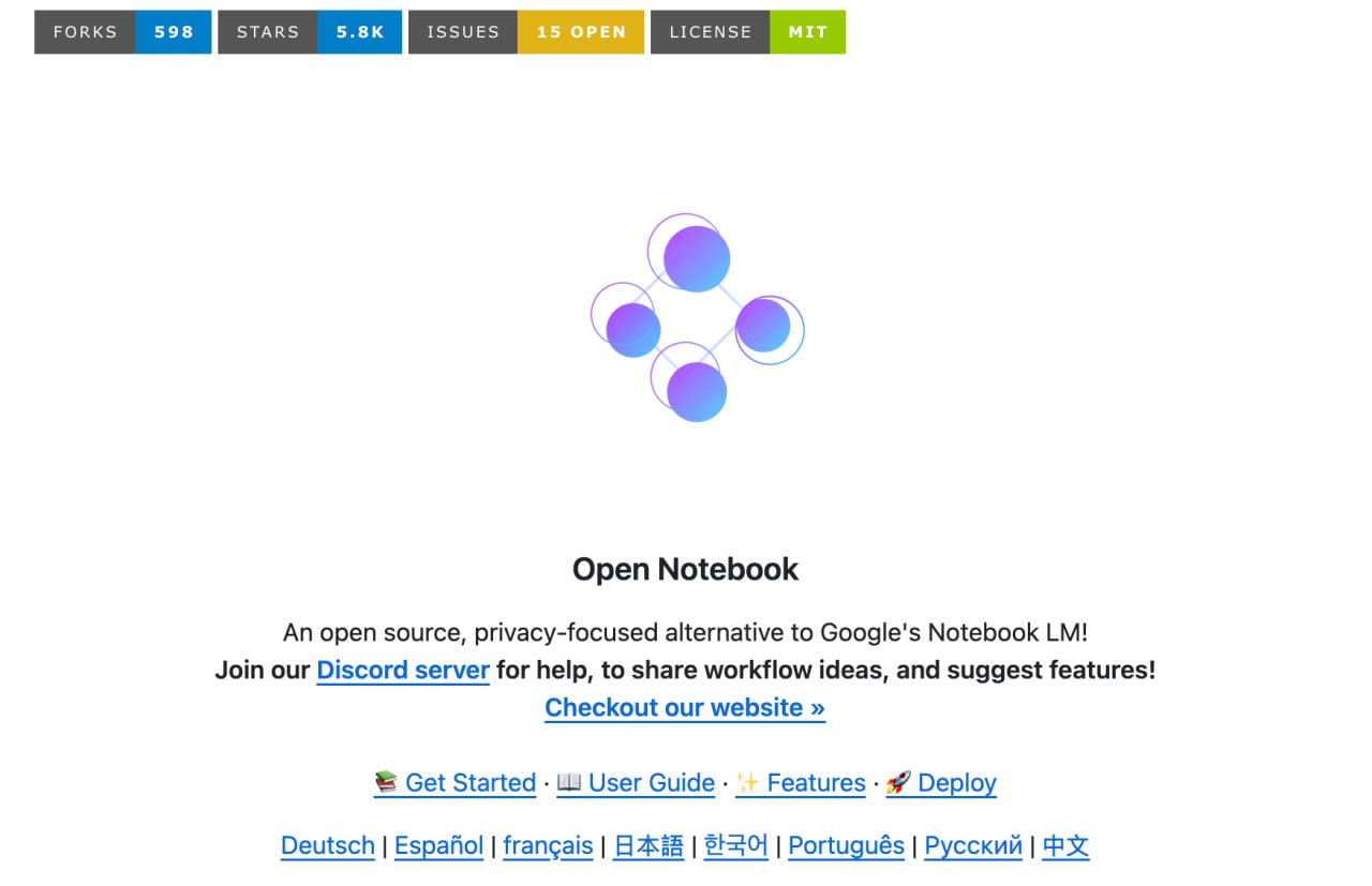 Забираем для учебы вышел опенсорсный аналог NotebookLM которому прокачали все основные функции В Open Notebook можно свободно переключаться между топовыми нейронками генерировать подкасты с 4 спикерами и проводить более масштабные исследования без ограничений Упрощаем работу над курсовыми по ссылке