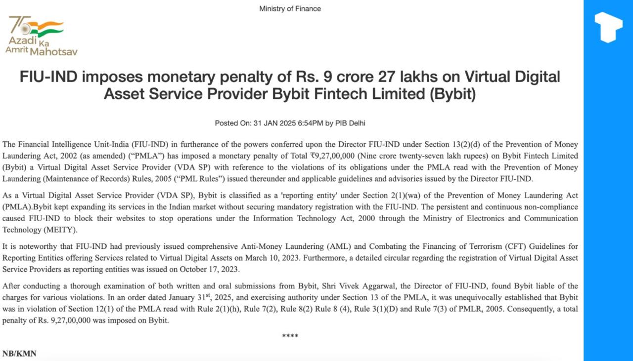 Финансовый регулятор Индии оштрафовал компанию Bybit на 9,27 крор рупий  $1,06 млн  за отсутствие регистрации в соответствии с Законом о предотвращении отмывания денег  PMLA . Теперь статус соответствия требованиям остается неясным.    Телеграм  Х    Сообщество  Источник