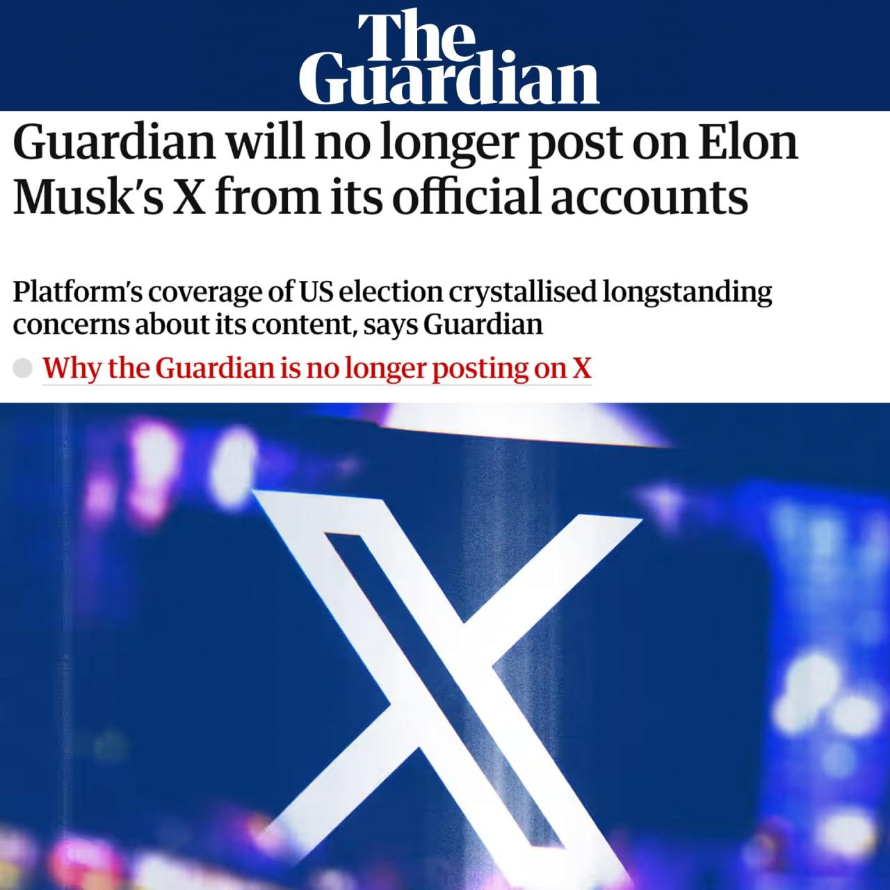 The Guardian заявила, что не будет больше публиковаться в соцсети X из-за «токсичности платформы»:  «Её владелец Илон Маск смог использовать своё влияние для формирования политического дискурса».  В редакции подчеркнули, что на площадке у них было более 80 официальных аккаунтов, на которые подписались около 27 млн пользователей.  Маск в ответ назвал британскую газету «гнусной машиной пропаганды».    Подписаться   Прислать новость   Читать аналитику