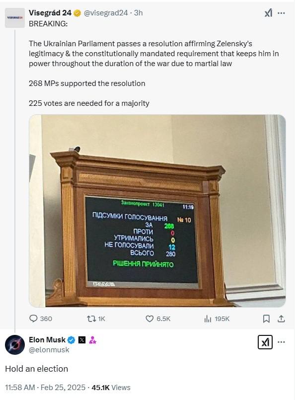 Илон Маск снова призвал провести выборы в Украине.  Комментируя принятие Радой заявления в поддержку Зеленского, член команды Трампа написал в Х: «Проведите выборы».  Напомним, что голосов на заявление в Раде хватило только со второй попытки. Причину такого провала мы анализировали здесь.  Сайт "Страна"   X/Twitter   Прислать новость/фото/видео   Реклама на канале   Помощь