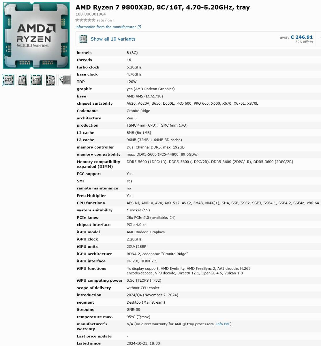 В Сети появились характеристики AMD Ryzen 7 9800X3D - множитель может быть разблокирован  На зарубежном сайте-агрегаторе цен Geizhals.eu появилась страница процессора AMD Ryzen 7 9800X3D со всеми основными характеристиками, сообщает VideoCardz. Неизвестно, официальные это характеристики или компиляция из утечек, появившихся за последние недели. Так или иначе, ресурс указывает для процессоры базовую тактовую частоту 4,7 гигагерц  ГГц  с повышением до 5,2 ГГц, теплопакет 120 ватт и совместимость со всеми материнскими платами AMD AM5, включая бюджетные решения с чипсетом A620. В последнем случае всё же есть нюанс: для полной совместимости производитель материнской платы должен выпустить BIOS с поддержкой данного процессора.  Что может быть интереснее, в перечисленных агрегатором характеристиках указано, что процессор имеет разблокированный множитель  Free Multiplier . Если это действительно так, то процессоры Ryzen 9000X3D станут первыми процессорами 3D V-Cache с поддержкой разгона. Ранее об этом говорили инсайдеры, но надёжного подтверждения информации так и не появилось, более того, ходили слухи, что 9800X3D будет несколько ограничен в возможностях, по сравнению со старшими X3D процессорами, которые должны впустить позже. Однако в VideoCardz напоминают об утечках, где 9800X3D якобы работал на частоте до 5,6 ГГц — только за счёт PBO таких частот не достичь.    InterPC   Чат