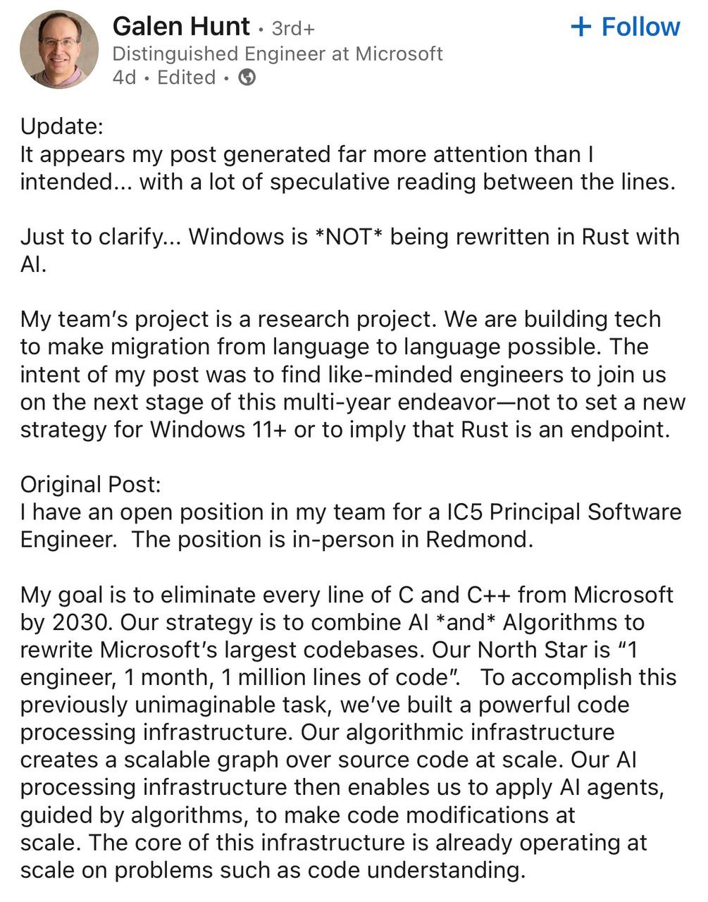 Microsoft планируют полностью избавиться от кода на C C и переехать на другой язык программирования к 2030 году Для этого уже ищут инженера который будет писать по миллиону строк кода в месяц Естественно с помощью нейронок Тревожно за Windows