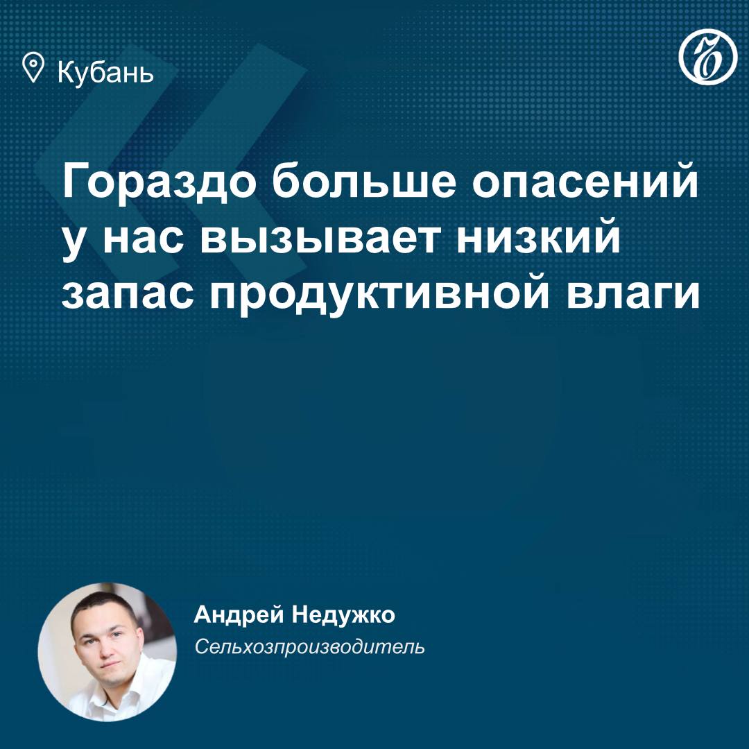 Майские заморозки на юге России могут стать причиной снижения урожаев, по разным оценкам, на 10–30% в зависимости от пострадавших сельхозкультур. В Краснодарском крае возвратные заморозки затронули озимые, плодовые, ягодные культуры, а также сахарную свеклу. Впрочем, как считает генеральный директор Агрохолдинга «Степь» Андрей Недужко, более серьезную опасность для будущего урожая представляют не заморозки, а низкий запас влаги в почве. Подписывайтесь на «Ъ-Кубань-Черноморье»