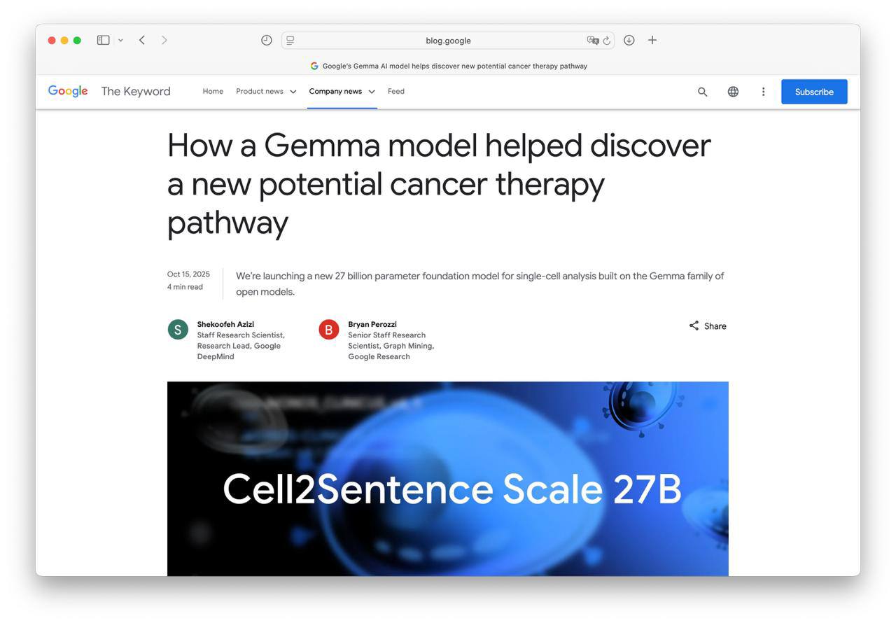 Модель Google нашла новый метод борьбы с раком И ученые уже подтвердили гипотезу от ИИ в лаборатории Gemma C2S Scale предсказала что комбинация препарата silmitasertib и низкой дозы интерферона поможет имунной системе лучше распознавать опухоли С этой гипотезой врачи могут создать новые способы лечения Сама модель на 27B параметров опенсорсная и лежит здесь Там же можно найти примеры использования dnevteh