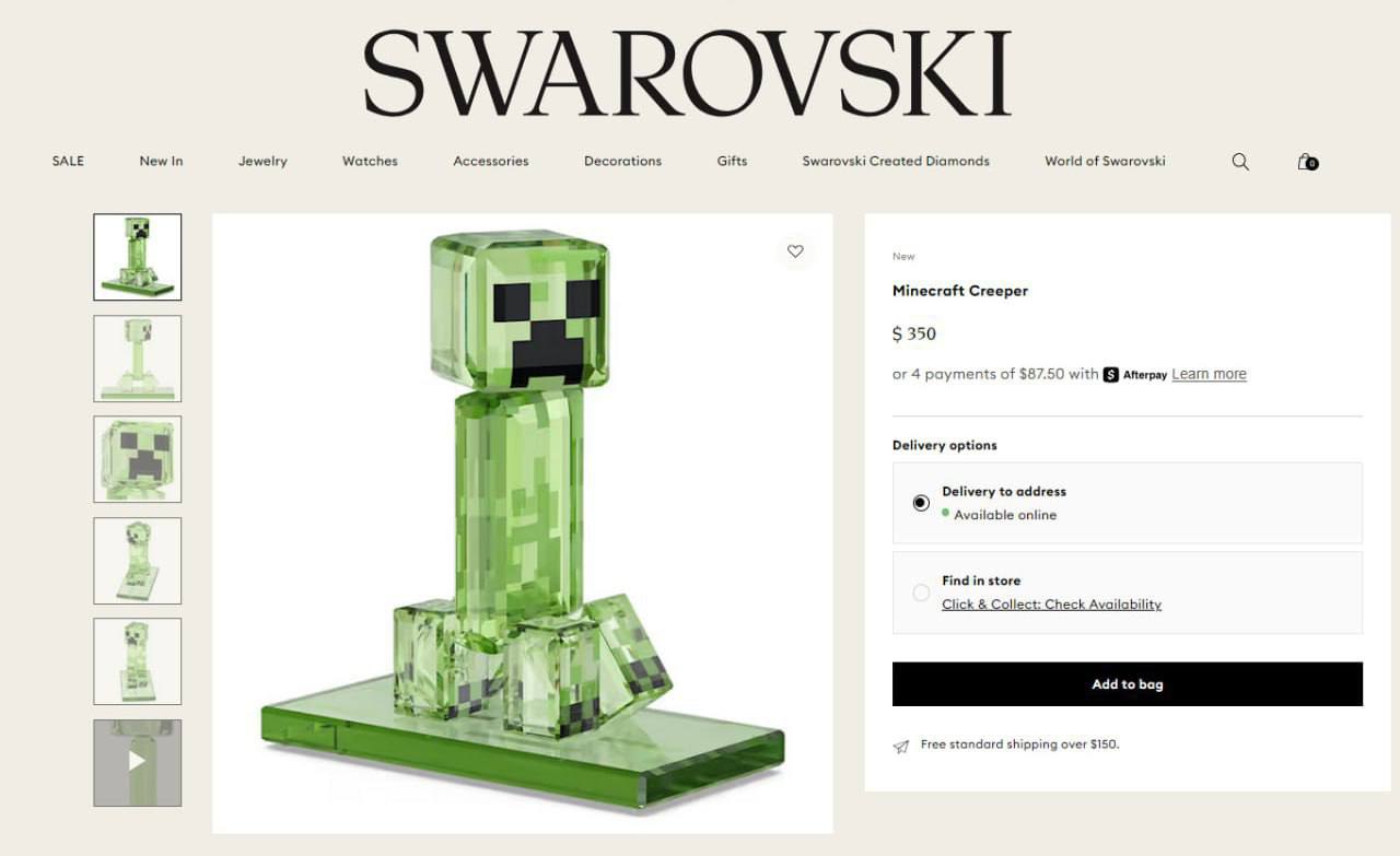 Фанаты Minecraft теперь тоже могут быть на тяжелом люксе — Swarovski выпустили фигурки Крипера, Стива, свиньи и Алекс из сияющего хрусталя. Каждая фигурка стоит от ₽28 000, а весь набор обойдется в ₽115 000. Чистейший стиль. первое впечатление