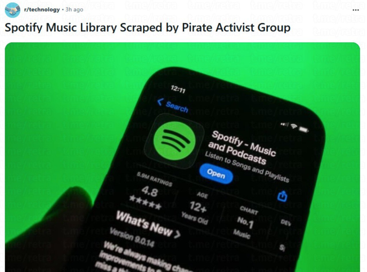 Пираты смогли скачать со Spotify все песни теперь в открытом доступе оказалось 86 миллионов треков Хакеры заявили что весь архив с музыкой Spotify на 300 ТБ будут распространяться бесплатно через торренты