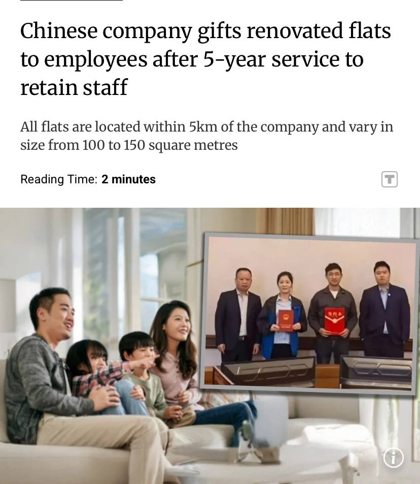 Китайская компания премировала своих сотрудников квартирами Одна из местных фирм выдала новую недвижку 18 работягам которые отработали у них по пять лет Причем каждая из квартир имеет площадь по 100 150 квадратных метров и располагается не дальше 5 километров от офиса Сам босс говорит что это не только отличный способ отметить достижения персонала но и замотивировать его не увольняться чтобы не терять ценные кадры Начальники учитесь