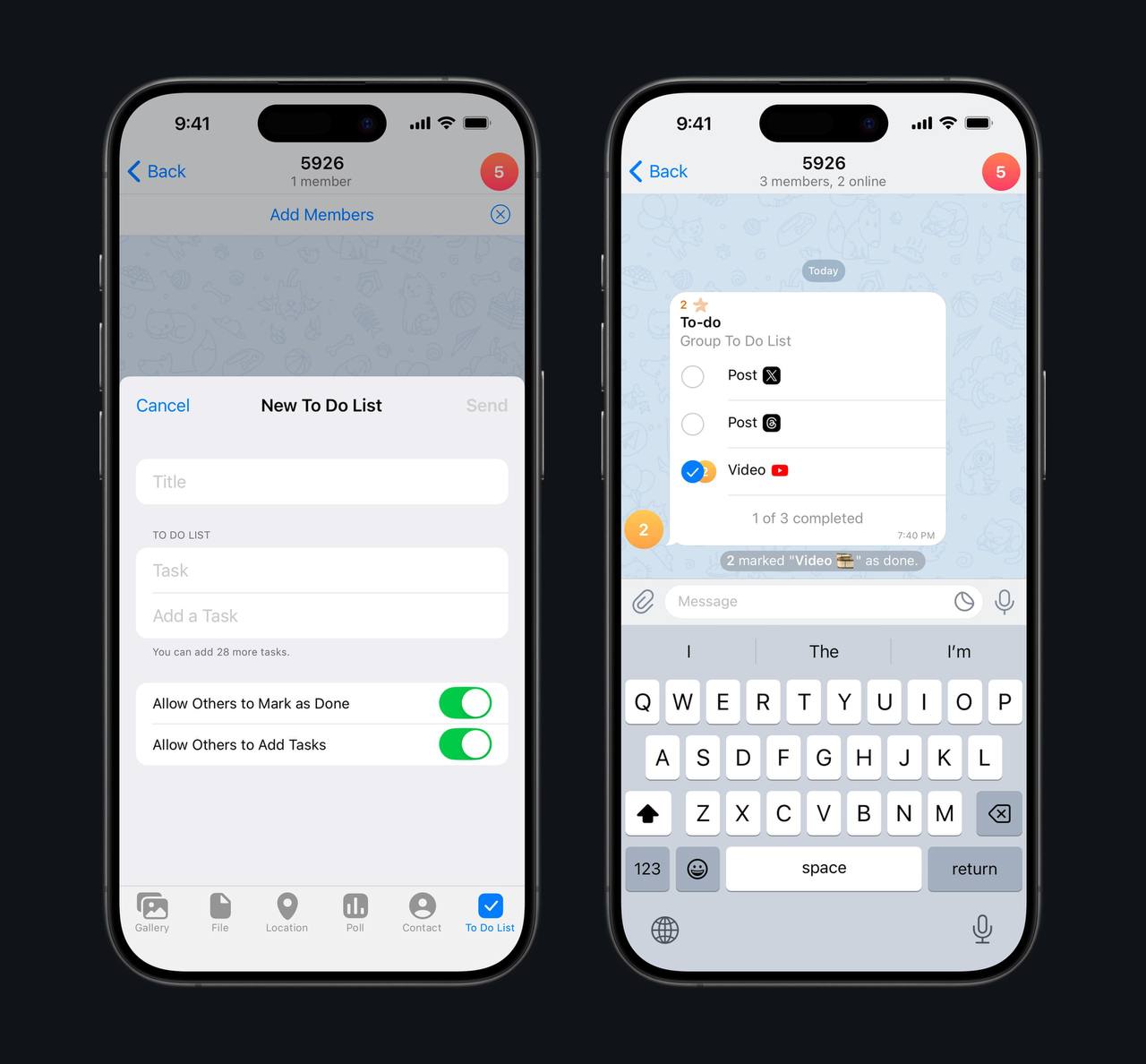 В Telegram появятся списки задач прямо в чатах. Новую функцию обнаружили в бета-версии мессенджера для iOS. Список до 30 пунктов можно будет создать как в личном чате, так и в группе — и работать над ним с другими пользователями. Вероятно, функция будет доступна только для пользователей с подпиской Premium.