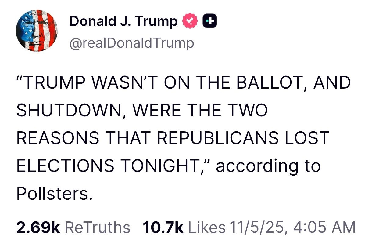 Республиканцы проиграли сегодняшние выборы которые состоялись в отдельных городах и штатах США заявил Дональд Трамп Трампа не было в бюллетене а также шатдаун это и есть две причины по которым республиканцы проиграли выборы сегодня вечером написал он Помимо Нью Йорка где должность мэра выиграл демократ Мамдани выборы сегодня прошли в некоторых других штатах и в ряде городов Везде победу одержали представители Демпартии В Виргинии демократка Эбигейл Спанбергер победила республиканку Уинсом Ирл Сирс В Нью Джерси демократка Майки Шеррил одержала верх над республиканцем Джеком Чиатарелли В Цинциннати переизбран мэром демократ Афтаб Пуревал одержав победу над республиканцем Кори Боуманом к слову братом вице президента Джей Ди Вэнса В Нью Хейвене действующий мэр демократ Джастин Эликер вновь выиграл продлив длительное доминирование Демократической партии в городе