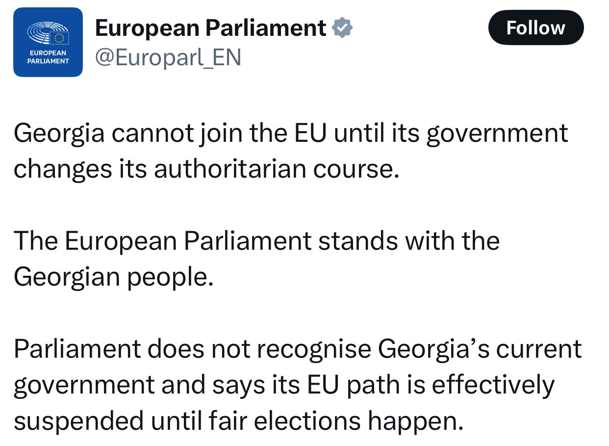 Европарламент исключил вступление Грузии в ЕС без смены политического курса В опубликованном в социальной сети X заявлении политический курс Грузии охарактеризован как «авторитарный». Также подчеркивается, что европейские депутаты поддерживают грузинский народ, но не признают легитимность действующего правительства и фактически замораживают процесс интеграции страны в ЕС до проведения там «свободных и справедливых выборов»