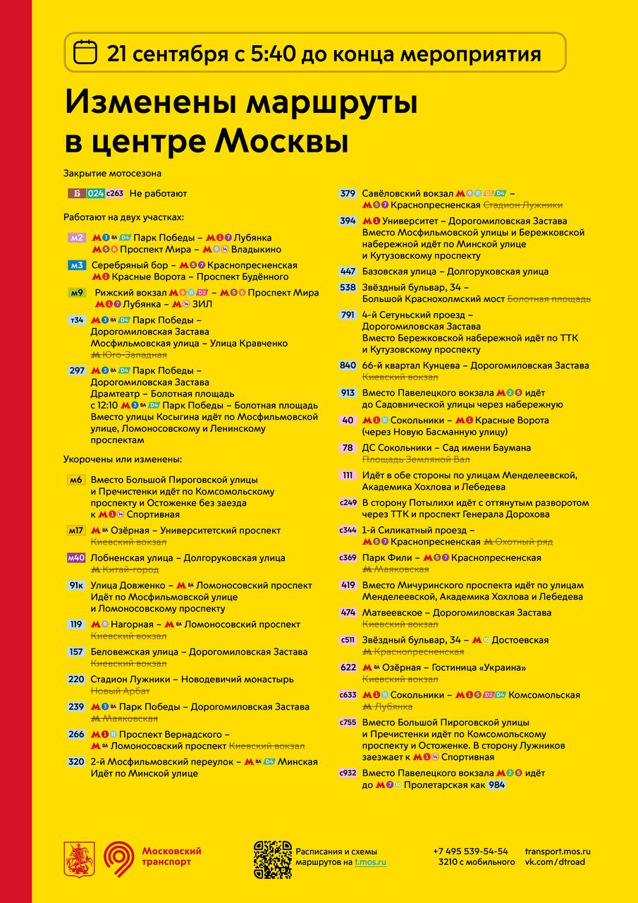 Движение на внешней стороне Садового кольца и ряде других улиц будет перекрыто 21 сентября во время проведения мотофестиваля в честь закрытия сезона. Также изменятся маршруты общественного транспорта.    «Москва»