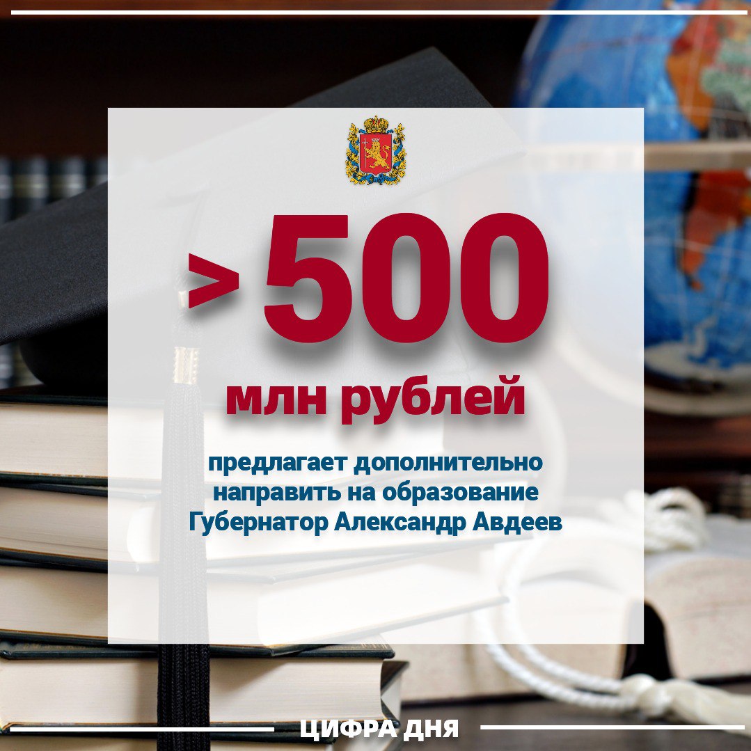 Губернатор Александр Авдеев внёс на рассмотрение депутатов Заксобрания проект изменений в областной бюджет на 2024 год и на плановый период 2025 и 2026 годов. В целом бюджет должен вырасти в этом году на 4,8 млрд рублей. Из них почти 500 млн рублей глава региона предлагает направить на образовательную сферу. В том числе:   21,7 млн рублей – на строительство здания пищеблока для Добрятинской СОШ Гусь-Хрустального района  17 млн рублей – на укрепление материально-технической базы муниципальных образовательных организаций  17 млн рублей – на укрепление материально-технической базы спортивно-оздоровительного центра «Олимп»  4,9 млн рублей – на финансовое обеспечение ВИРО имени Л.И.Новиковой  1,2 млн рублей – на ремонт столовой здания учебного корпуса областного музыкального колледжа им. А.П.Бородина  1,8 млн рублей – на развитие народного творчества и ремёсел в областном музыкальном колледже им. А.П.Бородина