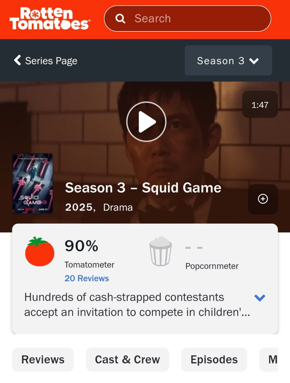 «Лучший сериал за всю историю Netflix» — так называют третий сезон «Игры в кальмара», и у него уже 90% на Rotten Tomatoes. Финальные шесть серий выдали все: неожиданности, грязь, драму и финальный хук под дых. Критики пишут: • «Сериал до сих пор умеет шокировать — и делает это до последнего кадра» • «Грязно, мрачно и очень эпично» • «Самый жесткий сезон. Как плевок в лицо обществу, где деньги важнее жизни» Финал уже доступен в «бесплатных кинотеатрах» — вы знаете, где искать