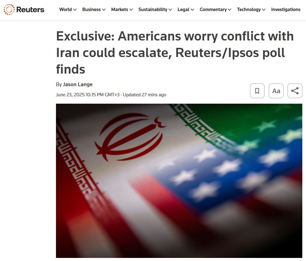 79% американцев опасаются мести Ирана, доверие к Трампу падает Опрос Reuters и Ipsos показал что 79 % американцев боятся, что мирное население США станет целью ответного удара Ирана. 84 % обеспокоены возможными жертвами среди американских военнослужащих на Ближнем Востоке. Только 32 % поддерживают продолжение бомбардировок, тогда как 49 % выступают против. При этом среди республиканцев мнения разошлись: 62 % — «за» новые удары, 22 % — «против». Одобрение внешней политики Трампа упало до 35 %, а общее одобрение его работы — до 41 %, что стало рекордно низким показателем за его срок. Также высокопоставленный иранский чиновник сообщил Reuters, что Иран продолжит ответные действия в ответ на атаки США. Американский же чиновник сообщил агентству, что ни одна иранская ракета не поразила авиабазу США в Катаре. Осташко! Важное подпишись #важное