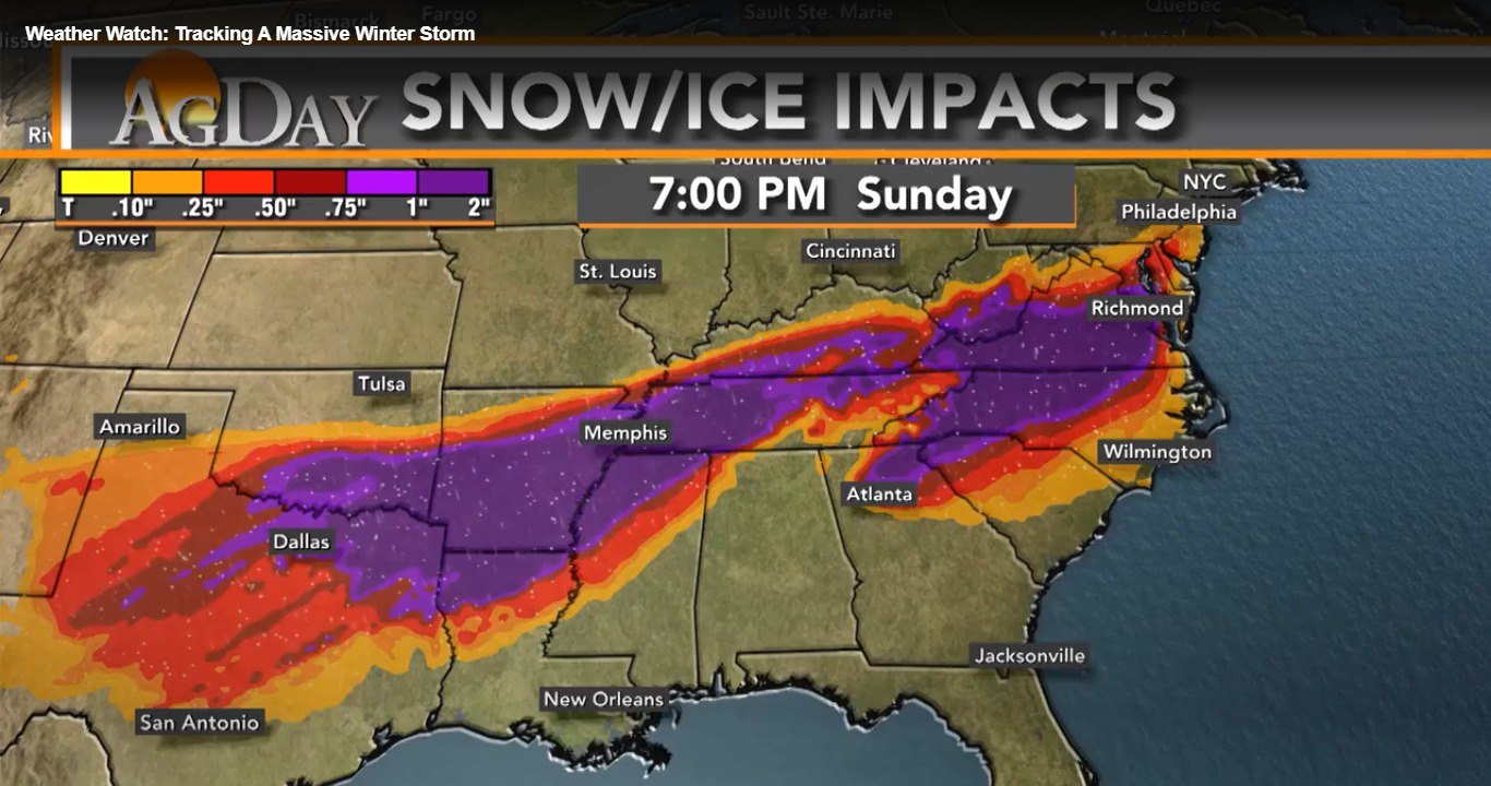 Сильнейший за последнее десятилетие зимний шторм накроет США По прогнозам американских синоптиков около 230 миллионов человек окажутся под угрозой воздействия опасного зимнего шторма который грозит выпадением рекордного количества осадков при минусовых температурах что может нанести ущерб сельскохозяйственной инфраструктуре обесточить фермы повредить постройки и посадки плодовых культур Метеорологические модели прогнозируют один из самых сильных зимних штормов за последние годы Арктический холодный фронт надвигается на юг США сталкиваясь с субтропической влагой из Мексиканского залива В результате может выпасть большое количество снега пойти ледяной дождь выпасть до 2 3 см льда на территории более 3200 км от Техаса до Каролины Мы говорим о событии которое случается раз в десятилетие Мы не видели такого шторма ровно 10 лет с 22 и 23 января 2016 года отметил метеоролог Министерства сельского хозяйства США Брэд Риппи