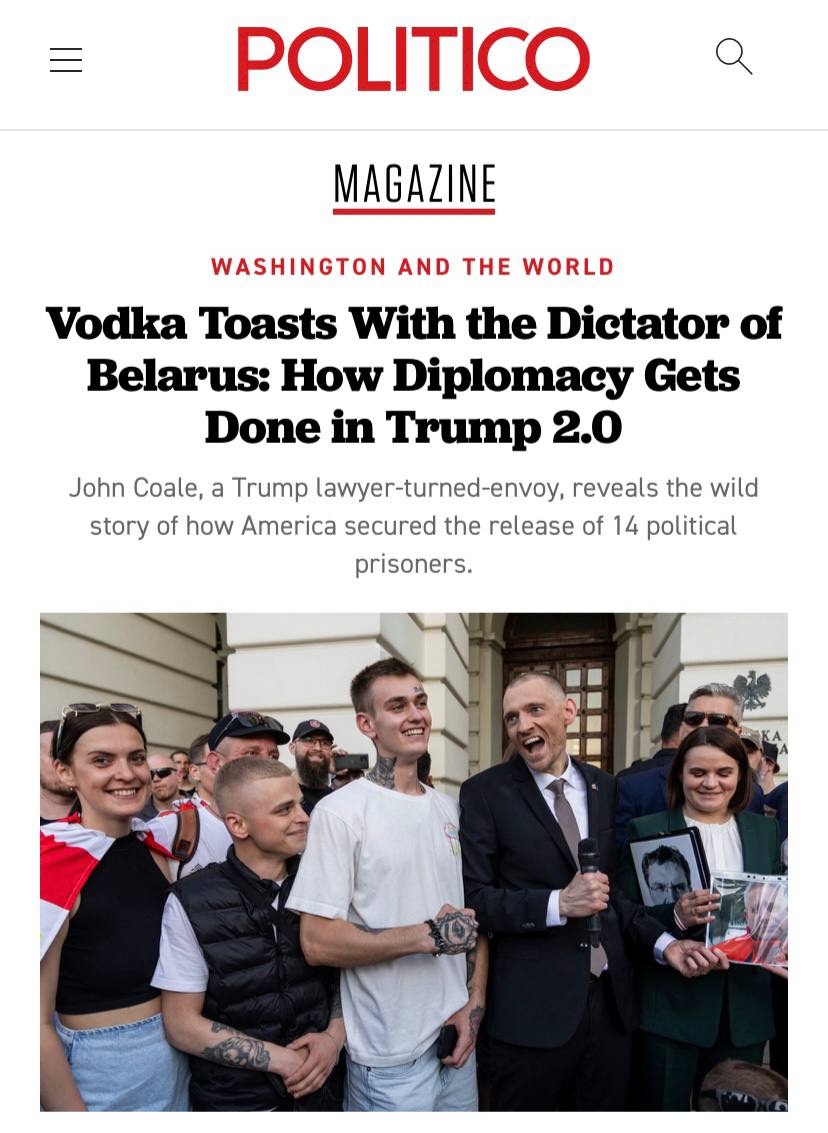 «Выпил два шота»: заместитель спецпосланника Трампа Джон Коул рассказал, как пил водку с президентом Белоруссии Лукашенко   Коул сообщил, что во время обсуждения с Александром Лукашенко освобождения политзаключенных они обедали, выпивали водку и произносили тосты, пишет Politico.   «Я выпил два шота. Меня не вырвало, но и третий пить не стал», – передает слова Коула издание.  Подпишитесь на «Абзац»   Добавьте «Абзац» в ленту «Дзена»