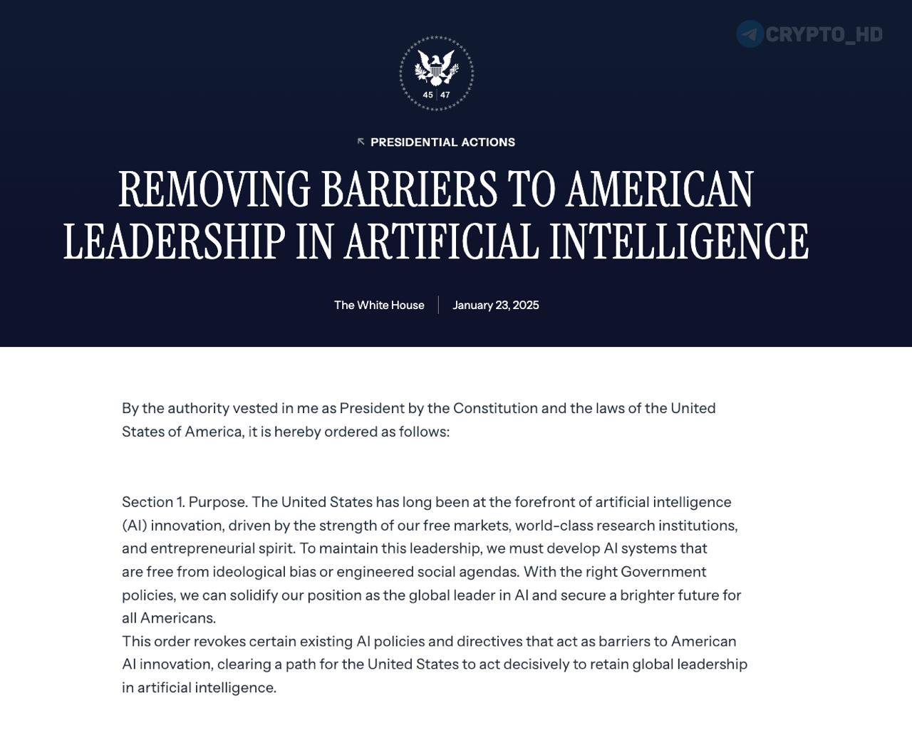 Дональд Трамп объявил о начале дерегулирования в области AI-технологий!  Релиз Белого дома США  Коротко о главном:    Только «непредвзятые» AI для госзакупок. Покупать будут лишь LLM без идеологической фильтрации; NIST уберёт из стандартов DEI, климат и «дезинформацию».     Ставка на open-source. План поощряет открытые  «open-weight»  модели и обещает быстрый доступ к GPU молодым компаниям.        Меньше регуляции — больше денег. Агентствам велено снять федеральные и штатные барьеры; регионы с жёстким AI-контролем рискуют потерять гранты.      Быстрее строим «железо». Штаты ускорят выдачу разрешений на строительство дата-центров и фабрик по производству чипов.    Чипы — друзьям  не Китаю . Ужесточают экспорт-контроль GPU; союзникам предлагают полный AI-«стек». Отменён «AI Diffusion Rule».       Что уже действует? Сняты ограничения Байдена  EO 14110, AI Diffusion Rule .  Ранее:  - инсайд - товарные знаки Трампа  P.S. Что будет делать Илон Маск со своим GROK 4 ?  Crypto Headlines