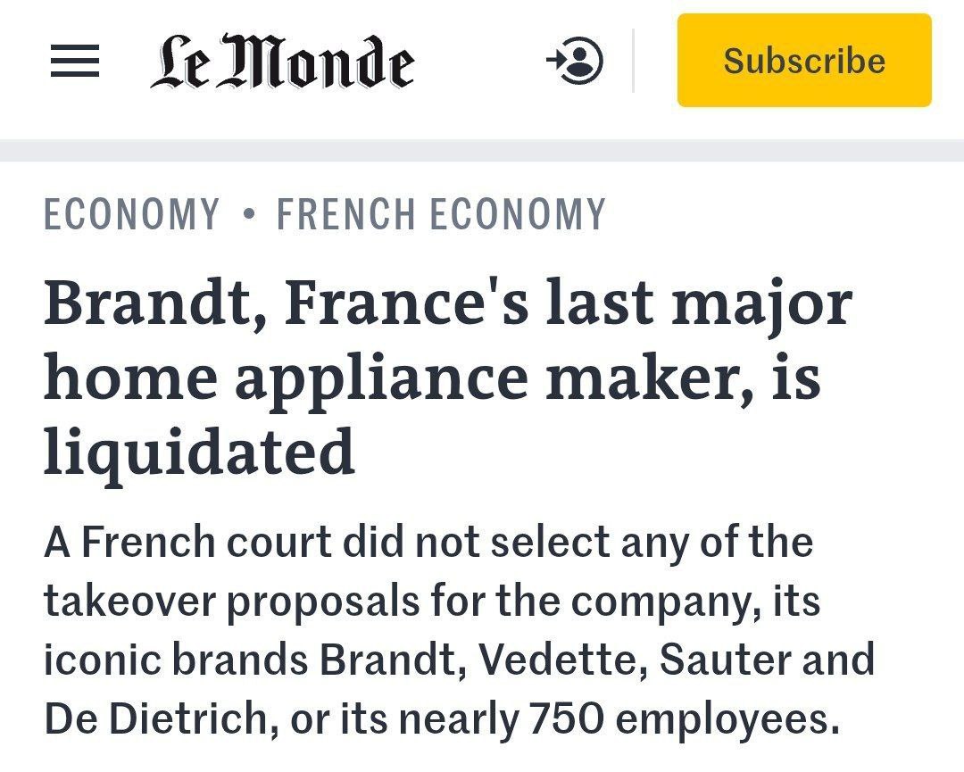 Последний крупный французский производитель бытовой техники Brandt банкрот и будет ликвидирован banksta