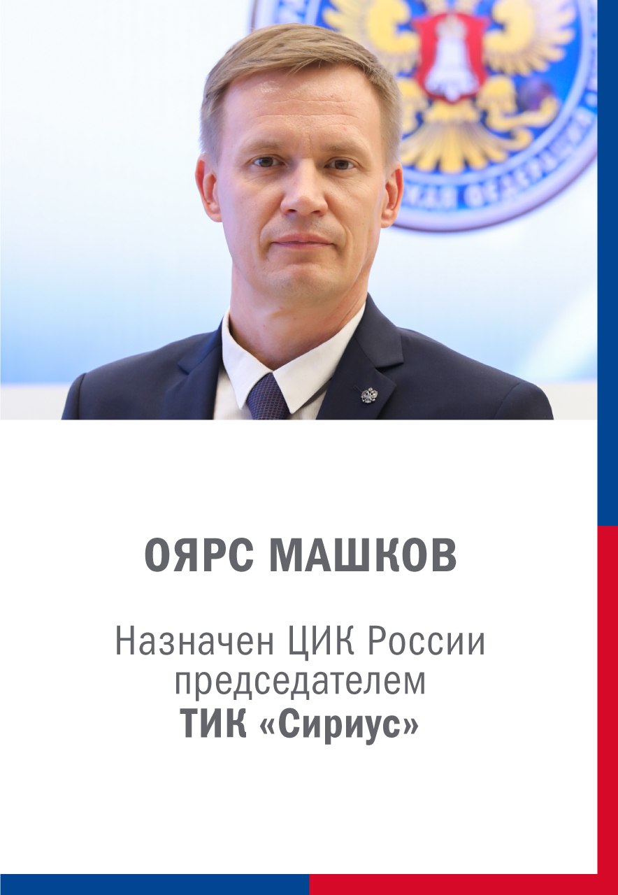 ЦИК России сформировала новый состав территориальной избирательной комиссии федеральной территории Сириус В нее вошли 11 членов комиссии с правом решающего голоса Председателем ТИК Сириус назначен Оярс Юрисович Машков имеющий опыт работы в Избирательной комиссии Хабаровского края Первое заседание нового состава ТИК Сириус состоится не позднее 25 февраля 2026 года