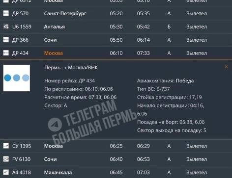 Из-за атаки дронов на Москву с задержкой вылетел рейс из Перми В Перми 6 июня почти на полтора часа задержали вылет рейса ДР 434 в Москву Внуково . Согласно расписанию, борт авиакомпании «Победа» должен был отправиться в 06:10, а вылетел в 07:33. Как ранее сообщали в Росавиации, из-за атаки дронов сегодня рано утром вводились ограничения на полетов в столичных аэропортах Внуково, Домодедово и Жуковский. Подписаться Дать «буст»