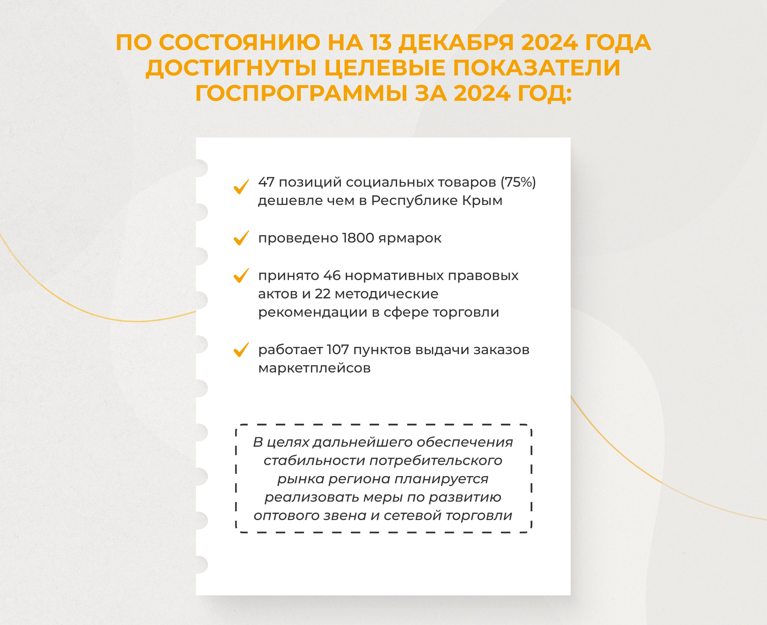 В Херсонской области планируется реализовать меры по развитию оптового звена и сетевой торговли  Правительством Херсонской области была утверждена госпрограмма, согласно которой потребительский рынок должен вырасти до конца 2026 года в 3 раза.    "По состоянию на 13 декабря достигнуты целевые показатели госпрограммы за 2024 год: 47 позиций соцтоваров дешевле, чем в Крыму", - сообщили "Таврии" в минпромторге региона.  Кроме того, проведены 1 800 ярмарок, приняты 46 нормативных правовых актов и 22 методические рекомендации в сфере торговли, работают 107 пунктов выдачи заказов.   Радио Таврия - подписаться