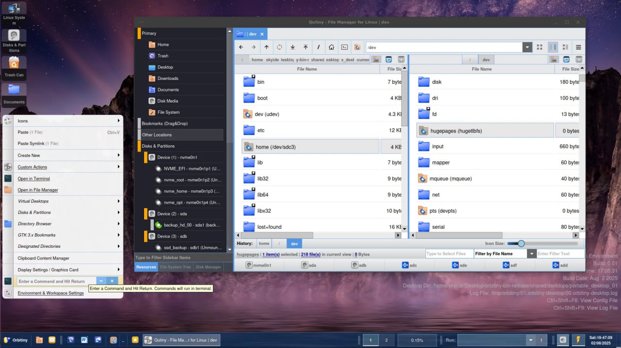 Orbitiny Desktop 4: необычное окружение с Qt стало чуть удобнее Вышел четвёртый экспериментальный релиз Orbitiny Desktop — среды рабочего стола на Qt, написанной с нуля на C++ и распространяемой под GPL. Проект старается совместить классический интерфейс панель, меню, значки с новыми UX-идеями, которые редко встречаются в других DE. Большая часть изменений касается файлового менеджера Qutiny и взаимодействия с рабочим столом. Теперь: — В описаниях точек монтирования отображаются реальные устройства например, /dev/sdc1 — Для них появились отдельные пиктограммы, и они видны в боковой панели — В панель инструментов добавлена кнопка для быстрого доступа к точкам монтирования — В диалоге удаления теперь видно полный путь до файла, а в свойствах — хэши и владельца — Диалог переименования получил обновлённый внешний вид Orbitiny по-прежнему экспериментальный, но двигается к полноценной DE для тех, кто хочет что-то отличное от GNOME и KDE, но с Qt и классическим поведением. Linux / Линукс