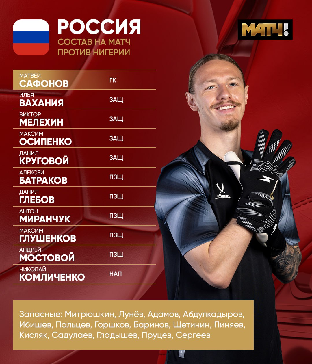 Сборная России назвала стартовый состав на товарищеский матч с Нигерией С капитанской повязкой – Матвей Сафонов. BetBoom матч сборной смотри с 19:00 на Матч ТВ