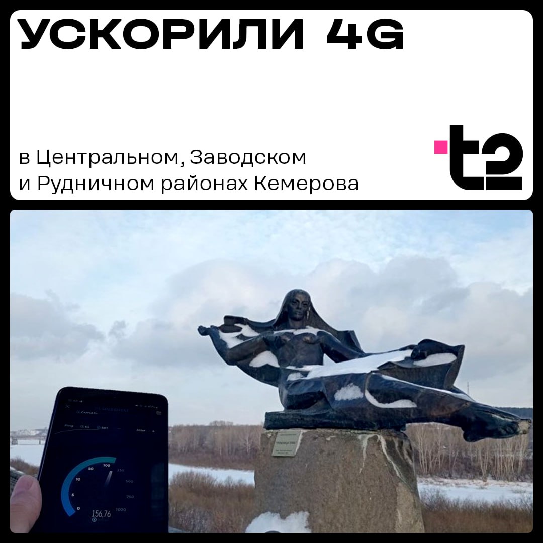 Оператор T2 сделал 4G еще быстрее для 350 000 жителей Кемерова    Инженеры выполнили комплекс работ на сети в Центральном, Заводском и Рудничном районах. Благодаря этому интернет стал работать стабильнее, а максимальная скорость передачи данных в сети T2 превысила 100 Мбит/с.  Модернизация уже дала результаты. Клиенты оператора в Центральном и Заводском районах стали качать на 20% больше интернет-трафика. А Рудничный район начал бить рекорды – здесь объем скачанных данных увеличился в полтора раза.  Реклама, ООО «Т2 Мобайл»