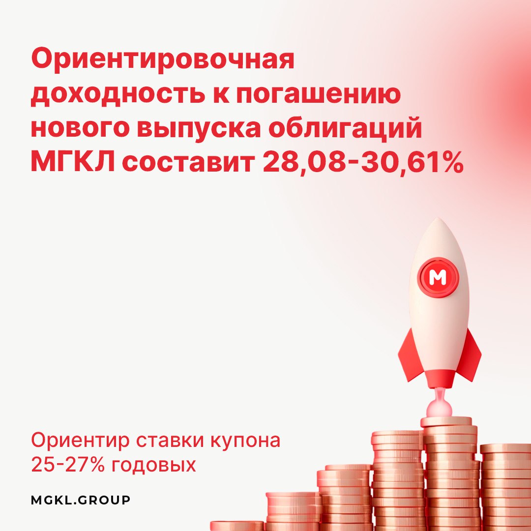Ориентировочная доходность к погашению нового выпуска облигаций МГКЛ составит 28,08-30,61% Готовы поделиться подробностями нового выпуска облигаций БО-08, размещаемого в рамках биржевой программы ПАО «МГКЛ». Ориентир ставки купона: 25-27% годовых YTM: 28,08-30,61% Дата начала размещения: 28 июля 2025 года Объём выпуска: 1 млрд рублей По итогам 6 месяцев 2025 года Группа МГКЛ демонстрирует рекордную операционную динамику: — Выручка достигла 10 млрд рублей — рост в 3,3 раза по сравнению с аналогичным периодом прошлого года — Клиентская база превысила 103,6 тыс человек +6% г/г — Объём портфеля залогов и ассортимента в ресейле увеличился на 57%, до 2 млрд рублей — Оборачиваемость улучшена: доля товаров, находящихся в портфеле более 90 дней, снизилась до 14% Компания продолжает масштабирование и эффективно использует привлечённые средства. Остальные подробности размещения и о дате сбора предварительных заявок сообщим позже.