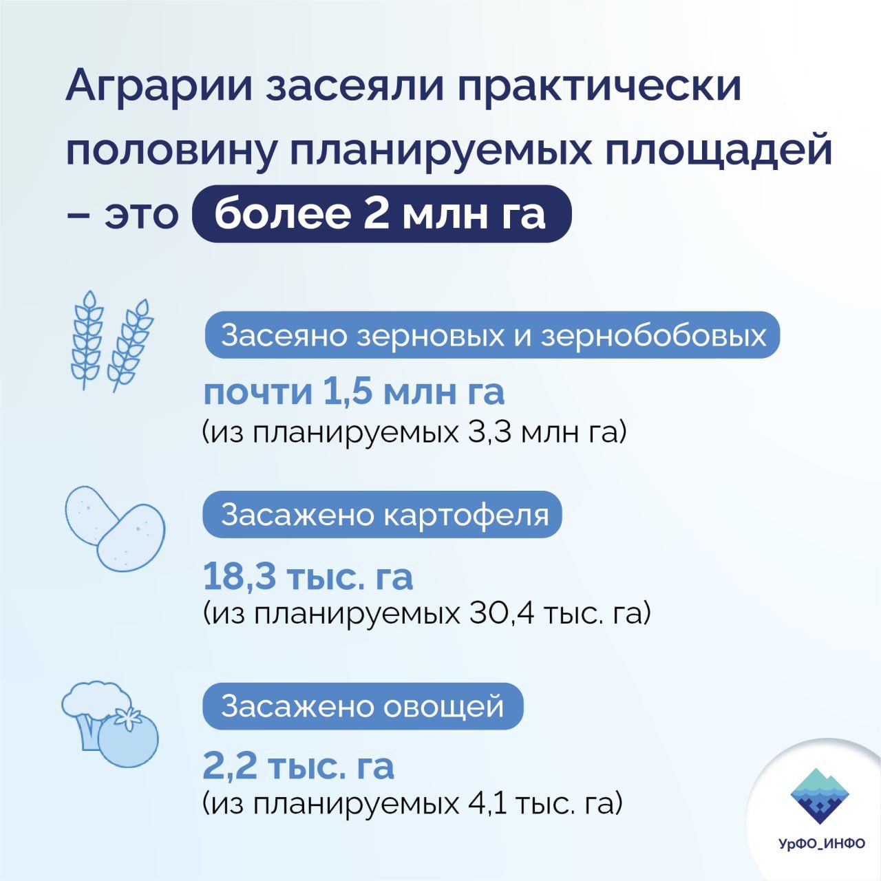 В УрФО продолжается посевная кампания Аграрии засеяли практически половину планируемых площадей – это более 2 млн га. По данным на 27 мая, зерновые и зернобобовые посеяны почти на 1,5 млн га планируемая площадь – 3,3 млн га . Картофелем засажено 18,3 тыс. га из планируемых 30,4 тыс. га, овощами - 2,2 тыс. га из планируемых 4,1 тыс. га. !