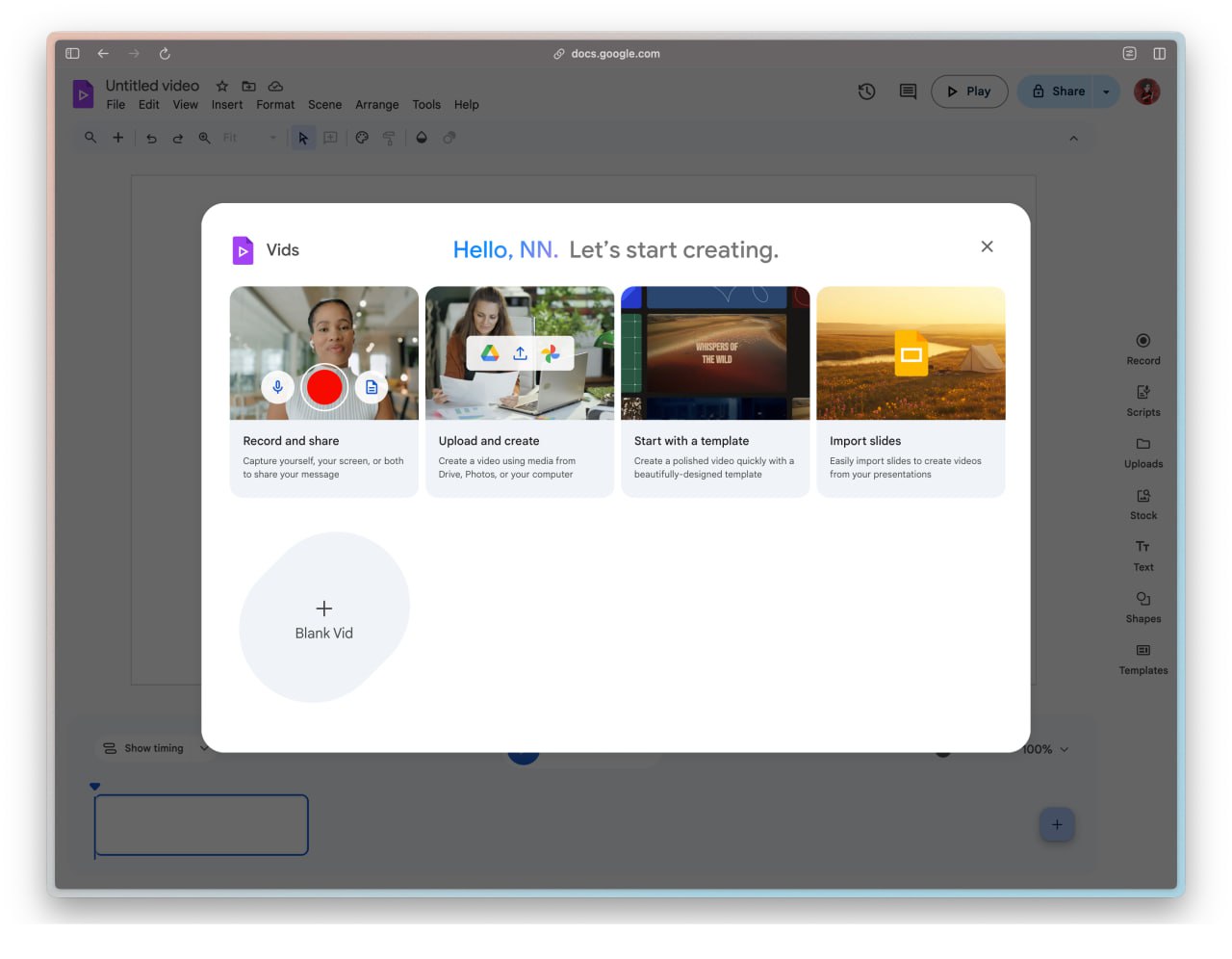 Google открыли ИИ редактор видео Vids для всех пользователей Можно создавать презентации со сложными анимациями и фоновой музыкой есть библиотека бесплатных шаблонов Также доступна функция записи экрана с выводом сценария на экран Тестируем тут