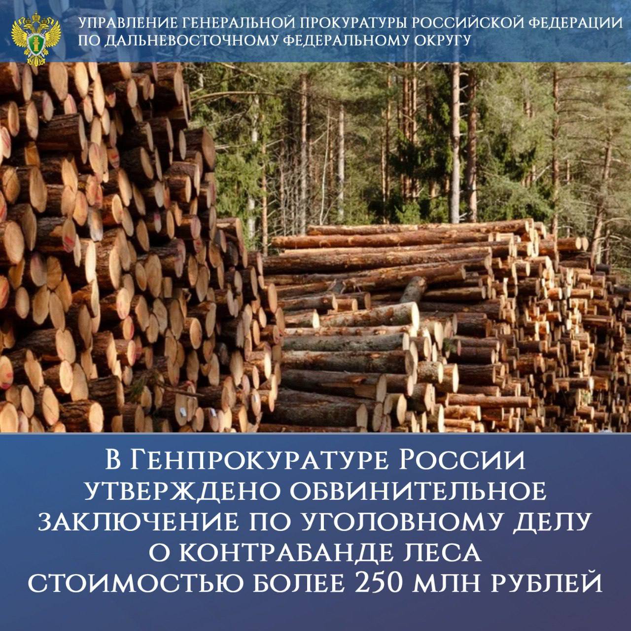 В Генпрокуратуре России утверждено обвинительное заключение по уголовному делу о контрабанде леса стоимостью более 250 млн рублей  В Генеральной прокуратуре Российской Федерации утверждено обвинительное заключение по уголовному делу в отношении шести участников организованной группы. Они обвиняются по чч. 1, 3 ст. 226.1 УК РФ  контрабанда стратегически важных ресурсов, в крупном размере, организованной группой .  По версии следствия, в 2019–2021 гг. обвиняемые организовали незаконное перемещение через таможенную границу лесоматериалов особо ценных видов древесины дуба монгольского и ясеня маньчжурского. Контрабанда лесопродукции стоимостью свыше 250 млн рублей, не имеющей подтверждения легальности заготовки, осуществлялась на основании изготовленных соучастниками фиктивных документов о производителях товаров и полученных разрешениях на экспорт.  В 2021 году до пересечения таможенной границы правоохранительными органами в Хабаровском и Приморском крае изъяты лесоматериалы стоимостью более 19 млн рублей. В целях обеспечения возмещения причиненного государству ущерба арестовано имущество соучастников стоимостью свыше 137 млн рублей.  Уголовное дело будет направлено в Артемовский городской суд Приморского края для рассмотрения по существу.  Ранее в отношении 14 участников преступной группы, заключивших досудебные соглашения о сотрудничестве, состоялись обвинительные приговоры с конфискацией имущества осужденных стоимостью 86 млн рублей.