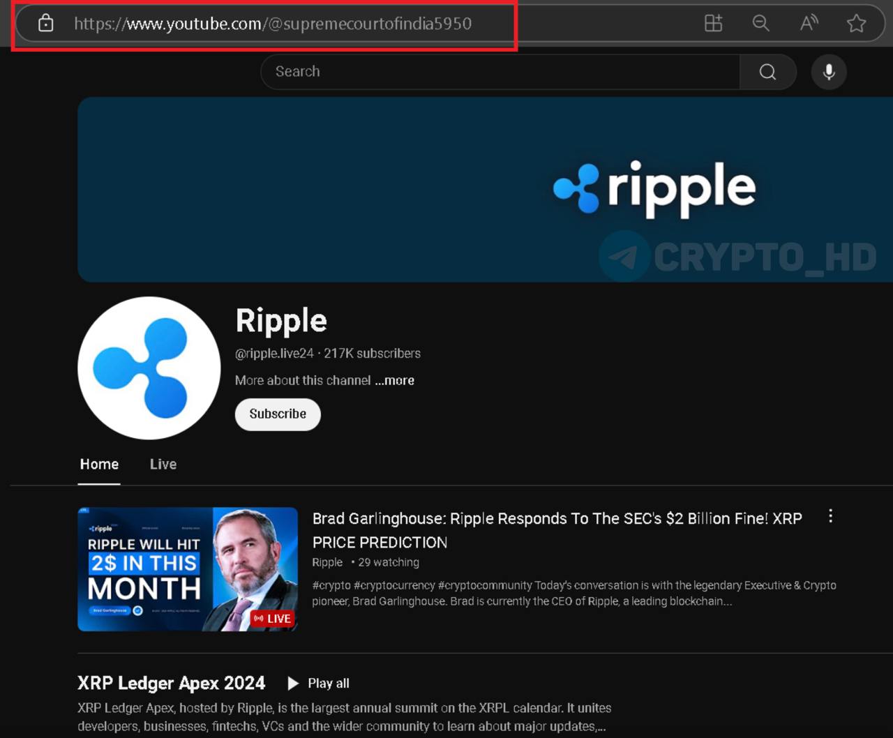 #взлом   #XRP Хакеры пропиарили СКАМ-токен через YouTube-канал Верховного суда Индии…  Мошенники взломали канал и переименовали его в «Ripple», разместив дипфейк с Брэдом Гарлингхаусом  original   Сryptо Headlines