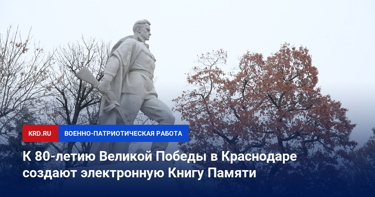 К 80-летию Великой Победы в Краснодаре создают электронную Книгу Памяти   В наступившем году, объявленном Президентом России Годом защитника Отечества, в Краснодаре продолжается создание электронной Книги Памяти. Она размещена на сайте администрации и городской Думы. В настоящее время внесены данные уже более 10 000 бойцов.   Посмотреть и пополнить её может каждый. Для этого необходимо прислать информацию об участнике Великой Отечественной войны через специальное окошко. Данные должны включать ФИО, дату и место рождения, место призыва и службы, звание, участие в войне, дату и место гибели, место и вид захоронения в годы войны или перезахоронения в послевоенное время.   Читайте нас:    Телеграм     ВК     Дзен