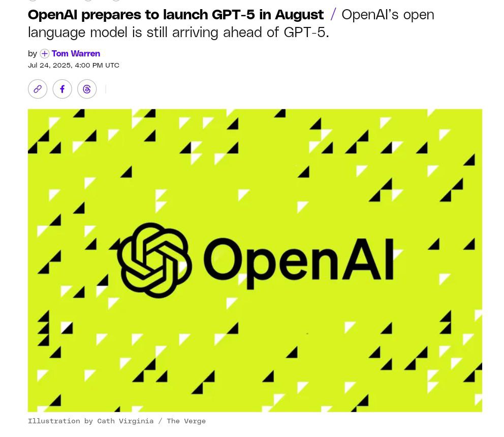 OpenAI выпустят GPT-5 уже В АВГУСТЕ — до запуска самой передовой модели осталось всего пара недель. Новая версия нейронки научится рассуждать, как живой человек и мгновенно давать ответы на сложные абстрактные задачи. Основная и мини версии GPT-5 будут доступны через ChatGPT. Кроме этого, OpenAI планируют выпустить свою открытую LRM до конца июля.